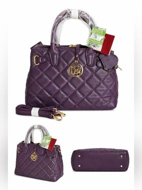 Badgley Mischka Plum Quilted Vegan Leather Top Handle Satchel Gold Hardware